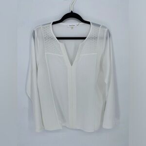 Calvin Klein white sheer blouse with roll up button adjustable sleeves med